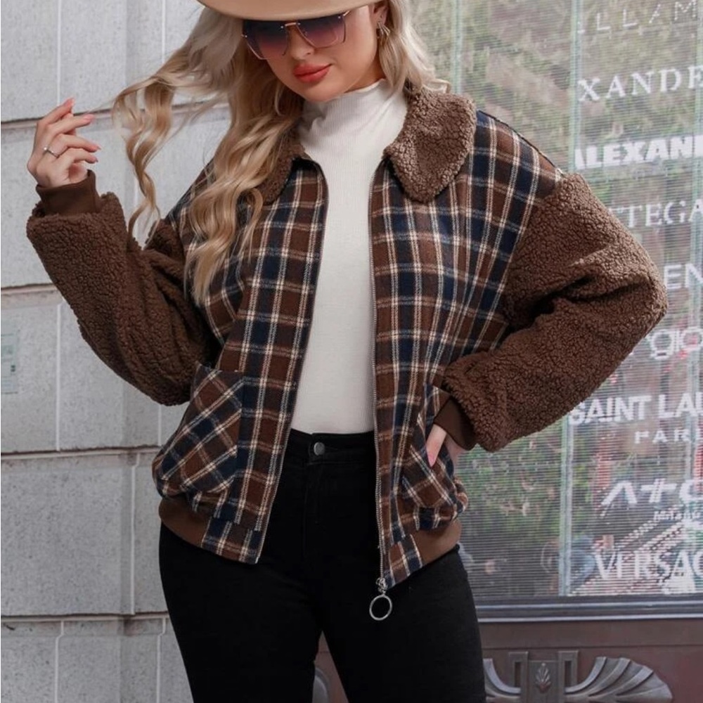 Plaid Print Teddy Jacket